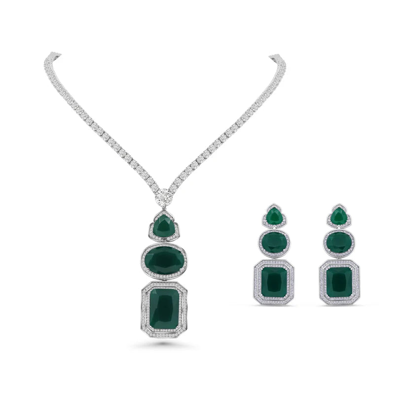 Majestic Triple Emerald-Cut Green Gemstone Pendant & Drop Earring Suite