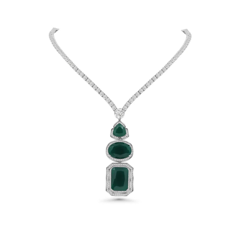 Majestic Triple Emerald-Cut Green Gemstone Pendant & Drop Earring Suite