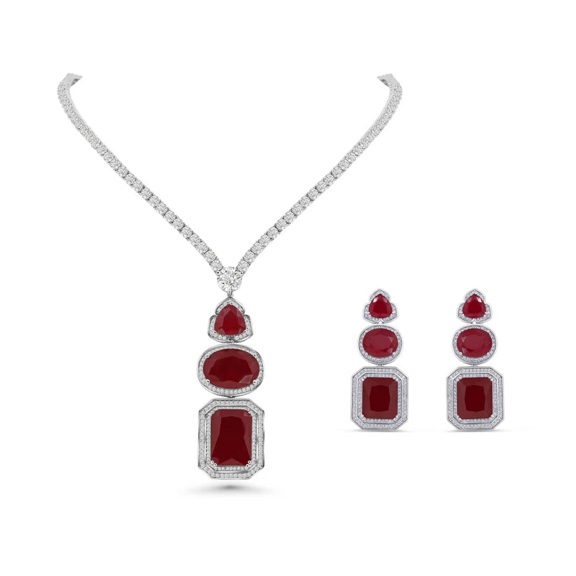 Majestic Triple ruby-Cut ruby Gemstone Pendant & Drop Earring Suite