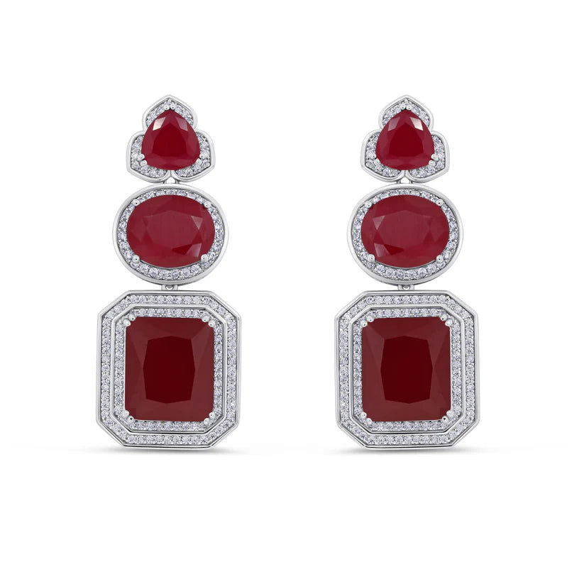 Majestic Triple ruby-Cut ruby Gemstone Pendant & Drop Earring Suite