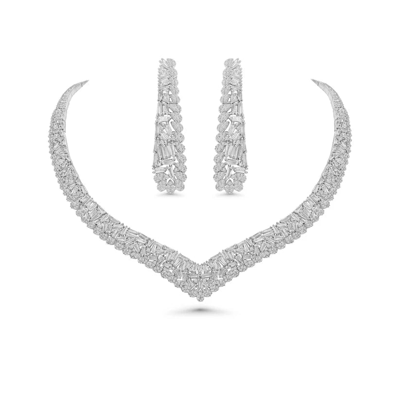 Chevron Diamond Necklace Set, V-Shaped Bridal Jewelry, Baguette Cut Statement Necklace