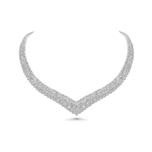 Chevron Diamond Necklace Set, V-Shaped Bridal Jewelry, Baguette Cut Statement Necklace