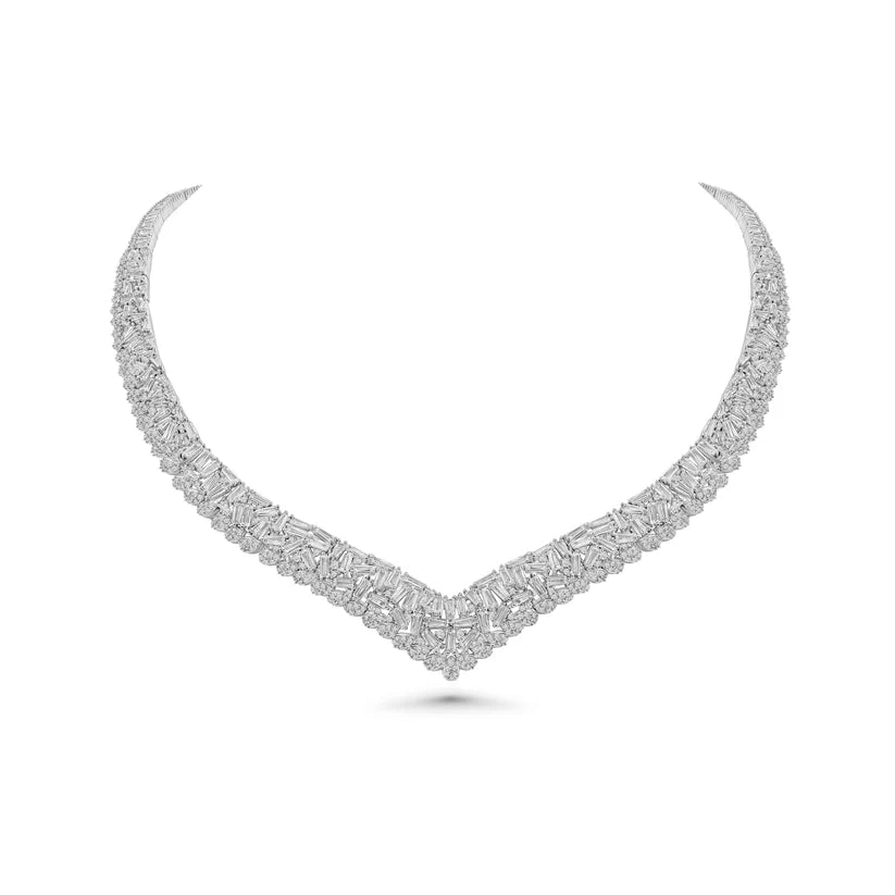 Chevron Diamond Necklace Set, V-Shaped Bridal Jewelry, Baguette Cut Statement Necklace