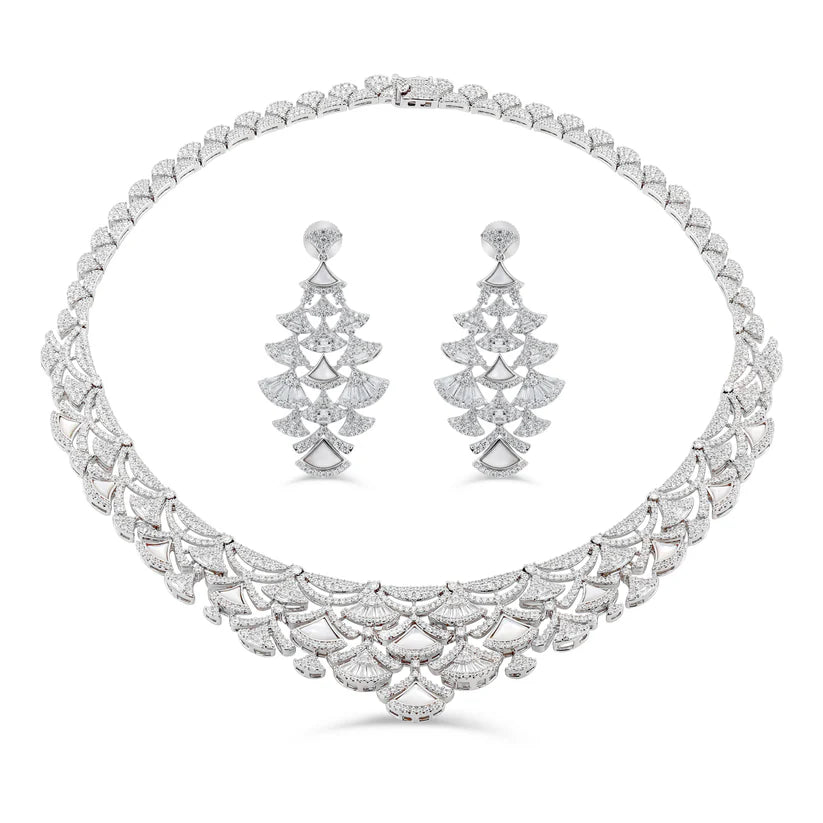 Pear-Cut Teardrop Halo Riviera Bridal Necklace Set with Earrings