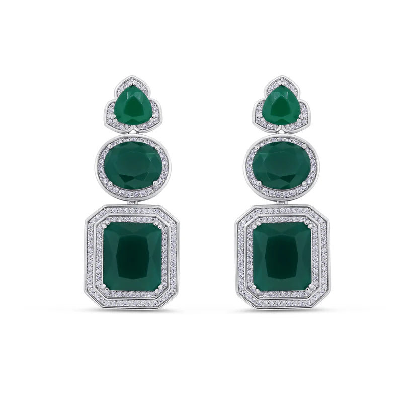 Majestic Triple Emerald-Cut Green Gemstone Pendant & Drop Earring Suite