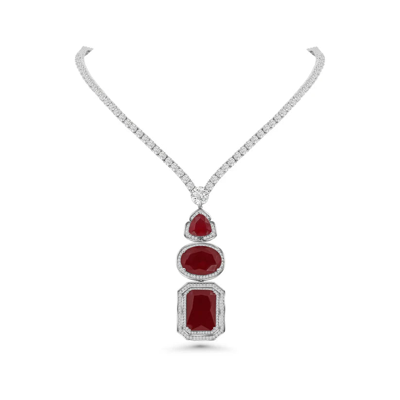 Majestic Triple ruby-Cut ruby Gemstone Pendant & Drop Earring Suite