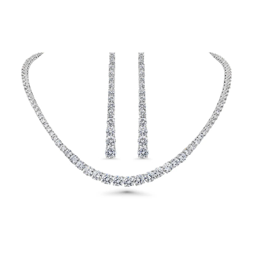 Graduated Diamond Tennis Necklace and Long Drop Earring Set