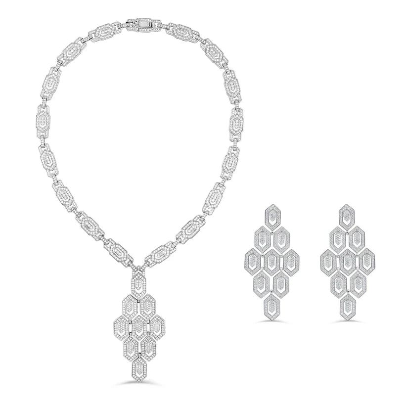 Art Deco Geometric Diamond Pave Statement Necklace & Earring Set
